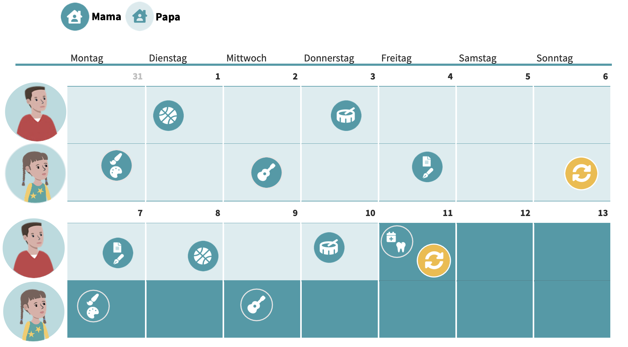 Kalender, in dem für zwei Kinder die jeweiligen Termine und Übergabetage eingetragen sind.