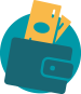 Rundes Icon, das für den Seitenbereich "Unterhalt und staatliche Unterstützung" steht. Das Icon zeigt die Symbole Brieftasche und Geldschein in den Farben türkis, dunkeltürkis und gelb.