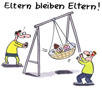 Cartoon von Renate Alf. Getrenntes Elternpaar steht sich an Schaukel gegenüber. Sie schubsen ihre beiden lachenden Kinder, die in der Schaukel sitzen an. Darüber steht: Eltern bleiben Eltern.